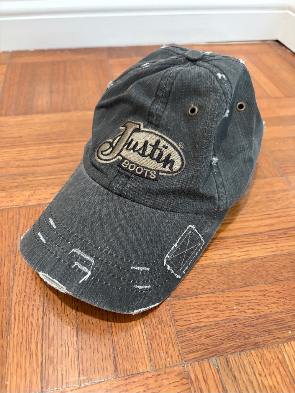 Justin Boots Black Distressed Cotton Baseball Cap with Tan Logo